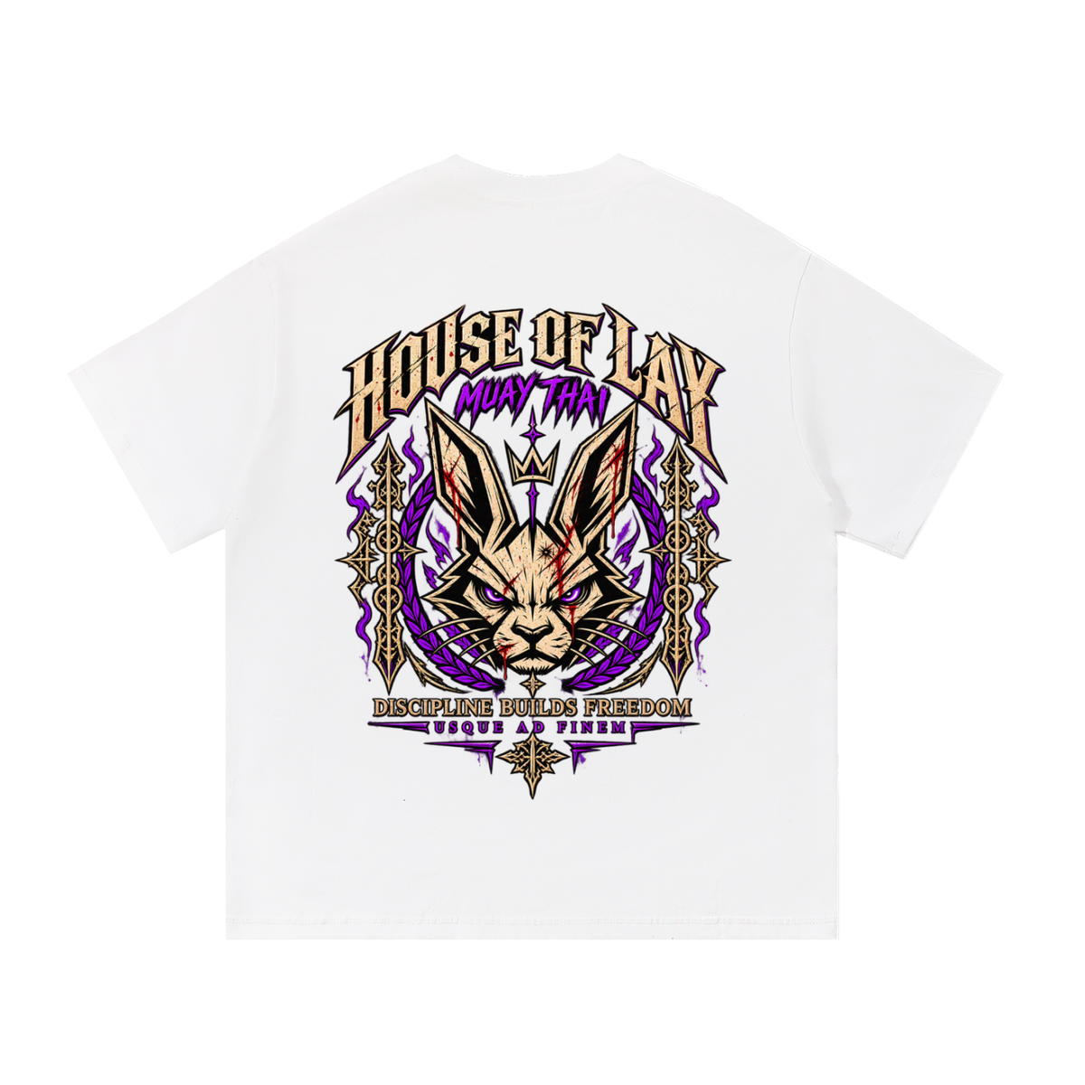 House of Lay Muay Thai Rabbit Tee in white and purple, front product view