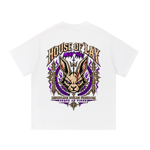 House of Lay Muay Thai Rabbit Tee in white and purple, front product view