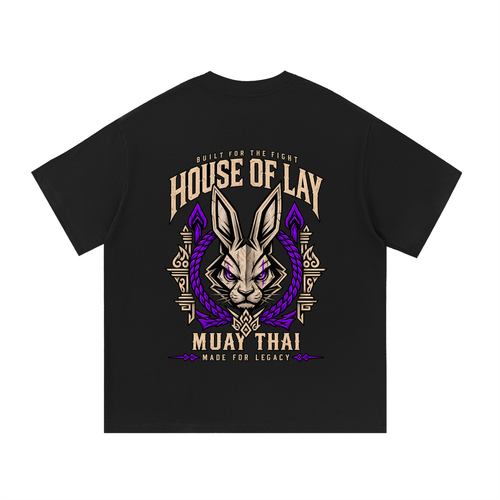 House of Lay Muay Thai Rabbit Tee in black and purple, front product view